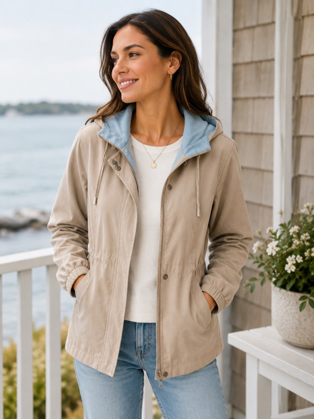 London Fog Beige Utility Jacket with Light Blue Hood Lining